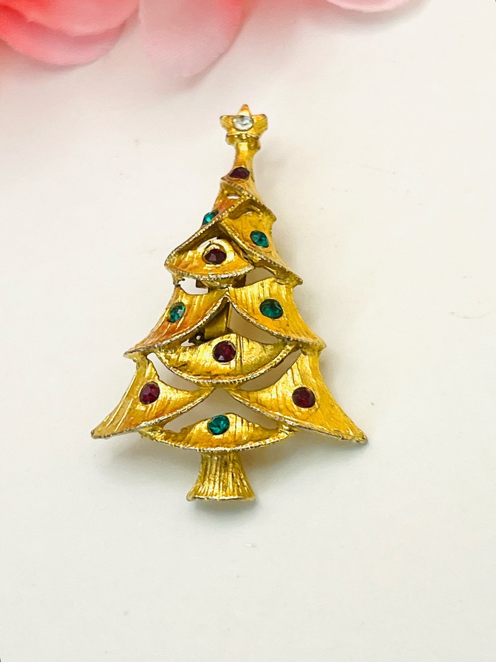 Gold-Tone Christmas Tree Brooch with Red and Green Accents